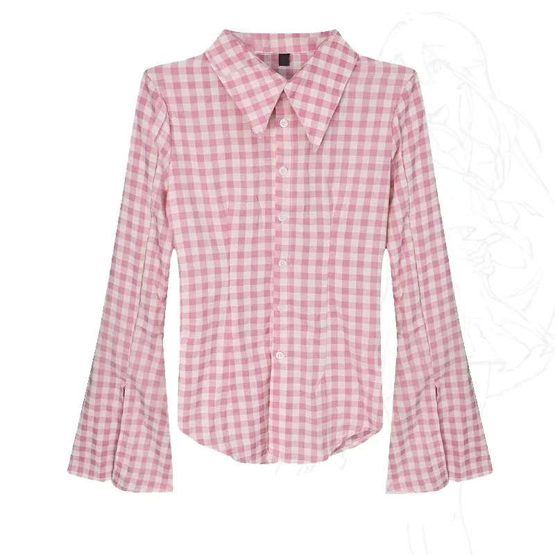 Pink Plaid Women Blouses Harajuku Korean Style Y2k Flare Sleeve Shirts Tunic Casual Sexy Crop Tops Gyaru Streetwear