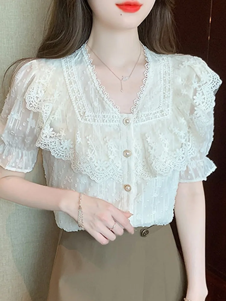 Summer New Short Sleeve Lace V-Neck Blouse Women Blusas Mujer De Moda 2024 Verano Blouse Shirt Women Tops Blouses Shirts G458