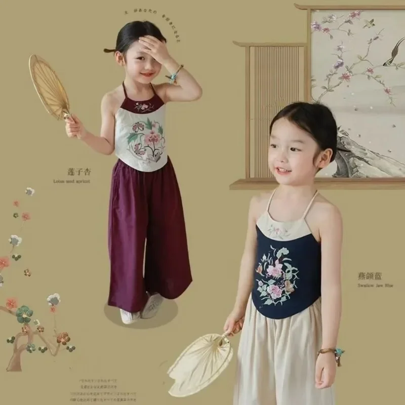 

Summer Chinese Traditional Cotton Halterneck Floral Embroidered Tang Suit Top Dudou Wide Leg Pants Girl Oriental Children Suit