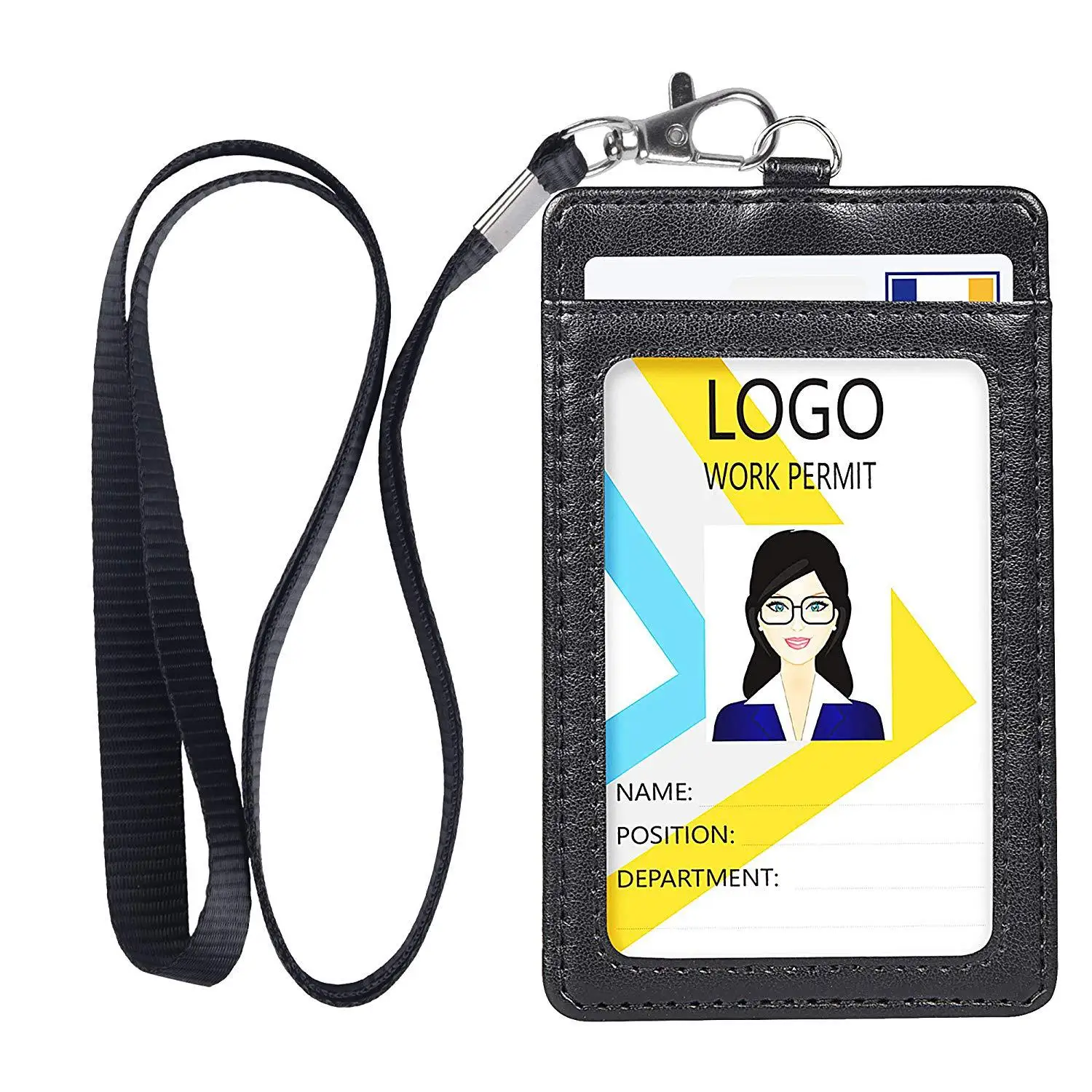 Vertical PU Leather Badge Holder with 1 Clear ID Card Window 1 Card Slot and 1 Neck Lanyard for Office School ID Credit Card