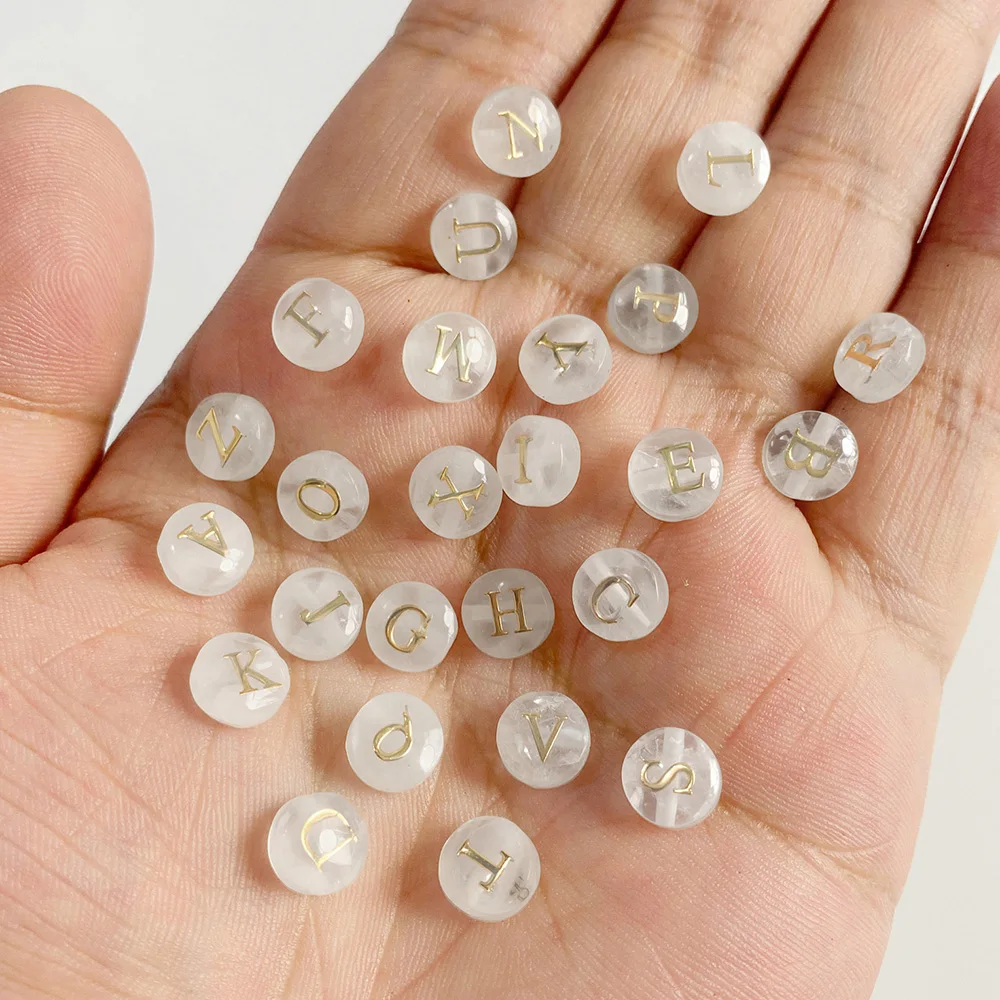 5pcs Cross hole White Natural Crystal Quartz Stone Alphabet Bead 8mm Round Charms 26 Letter A-Z Beads For DIY Necklace Bracelet