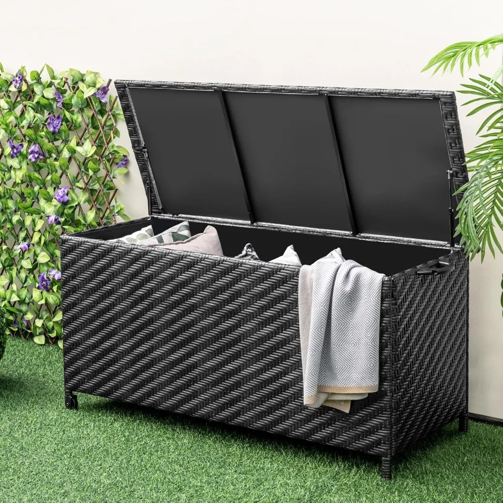 

Tightly-Woven Rattan Deck Box, Patiojoy Storage Cabinet Container with Polyester Liner, Universal Wheels & Gas Strut, 85 Gallon