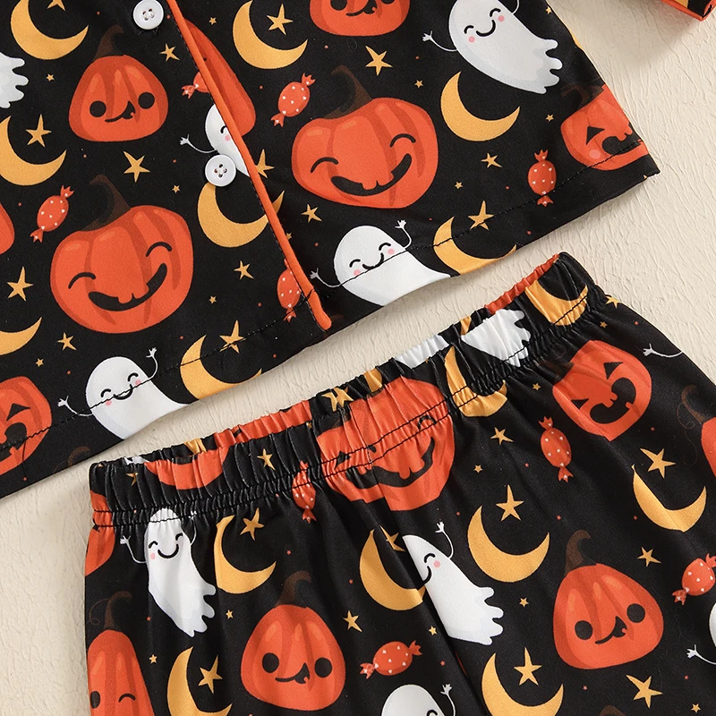 Suefunskry Kids Halloween Pajama Set Lapel Neck Button-up Tops Long Pants Pumpkin Ghost Print Loungewear Set Homewear image 5
