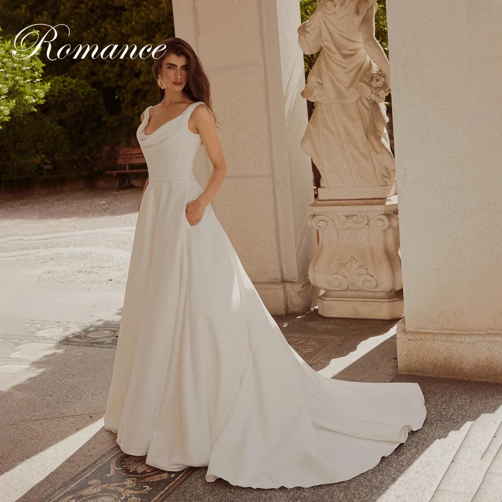 Clássico plissado barco-pescoço a linha vestido de casamento feminino com bolso sem mangas alças espaguete aberto volta vestido de novia personalizado