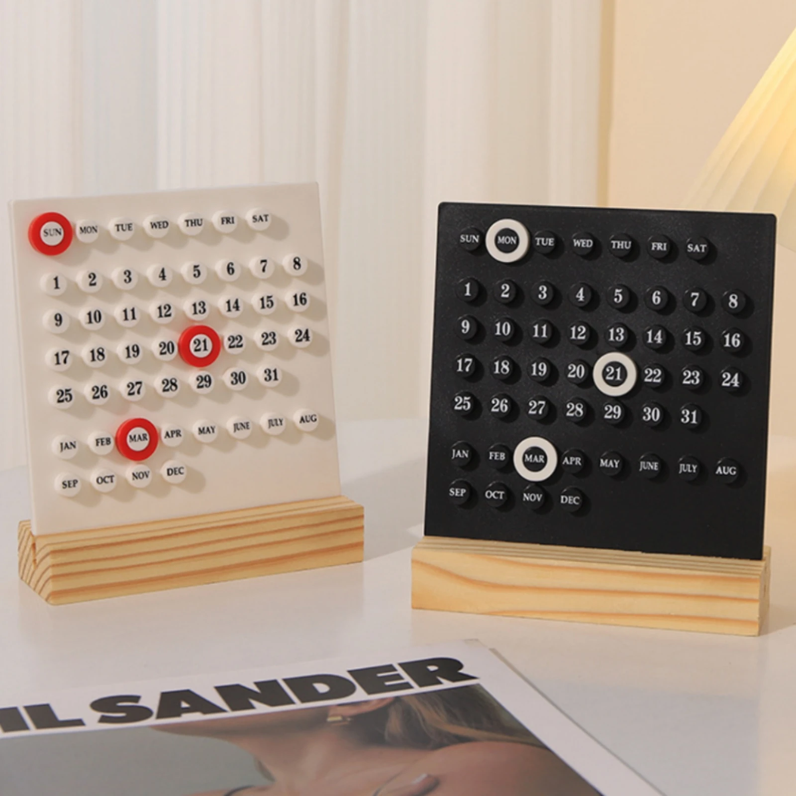 Perpetual Calendar Tactile Acrylic Calendar with Wood Base Month Week Date Display Compact Long-Lasting for Study Desk, Office