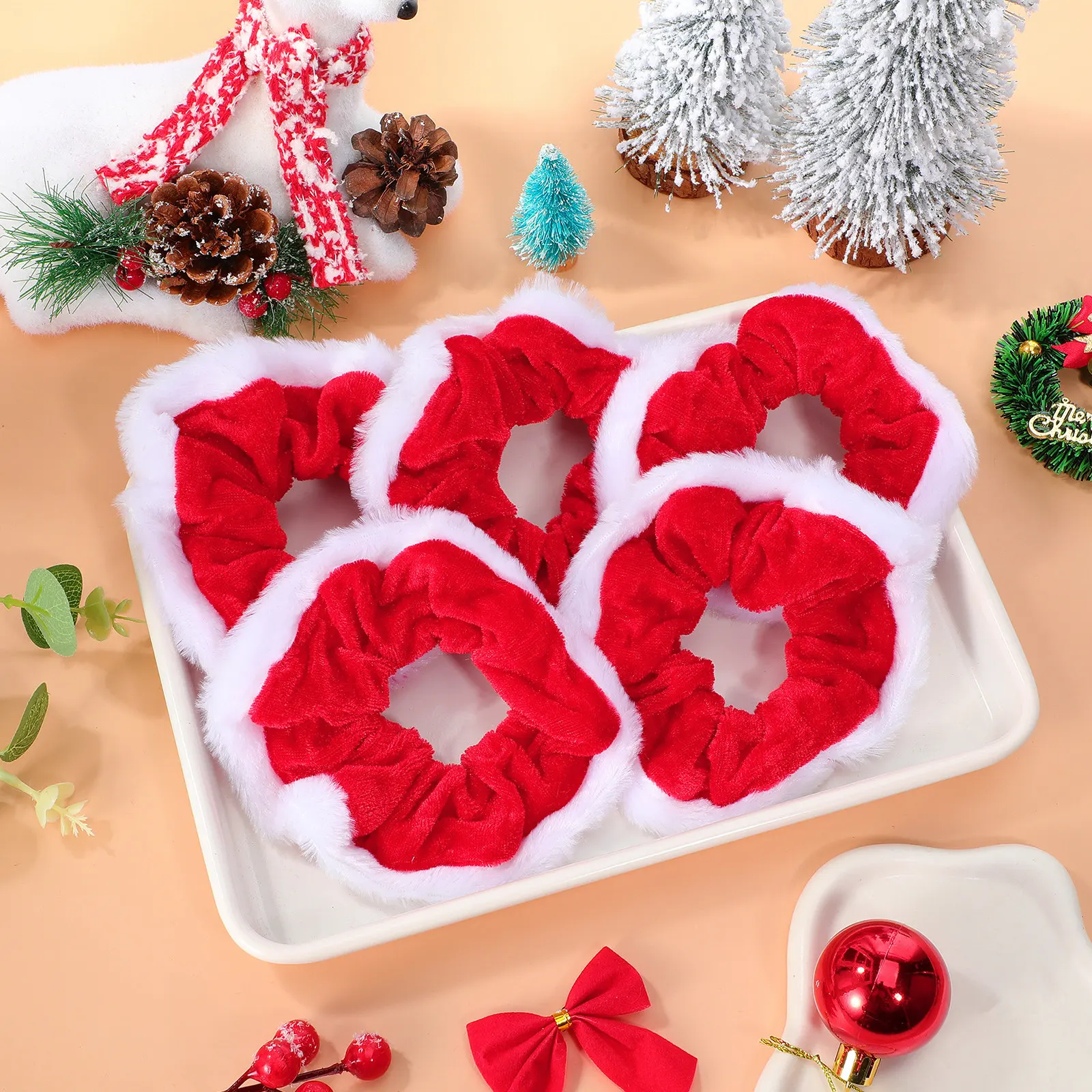 

5 шт. красных резинок для волос 11 см, эластичные резинки для хвоста для женщин, мягкие велюровые резинки для волос, рождественские повязки на голову