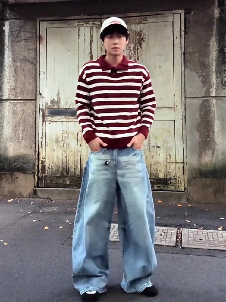 

Красный, белый цвет в полоску Blo Long Sve, вязаный свободный мужской свитер с высоким воротником, модная базовая одежда для осенней повседневной одежды