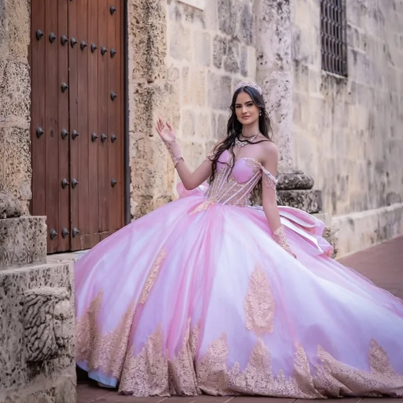 Customized Pink Quinceanera Dresses Off the Shoulder glitter decal crystal glitter Bow Long tail Vestido 15 Quinceanera