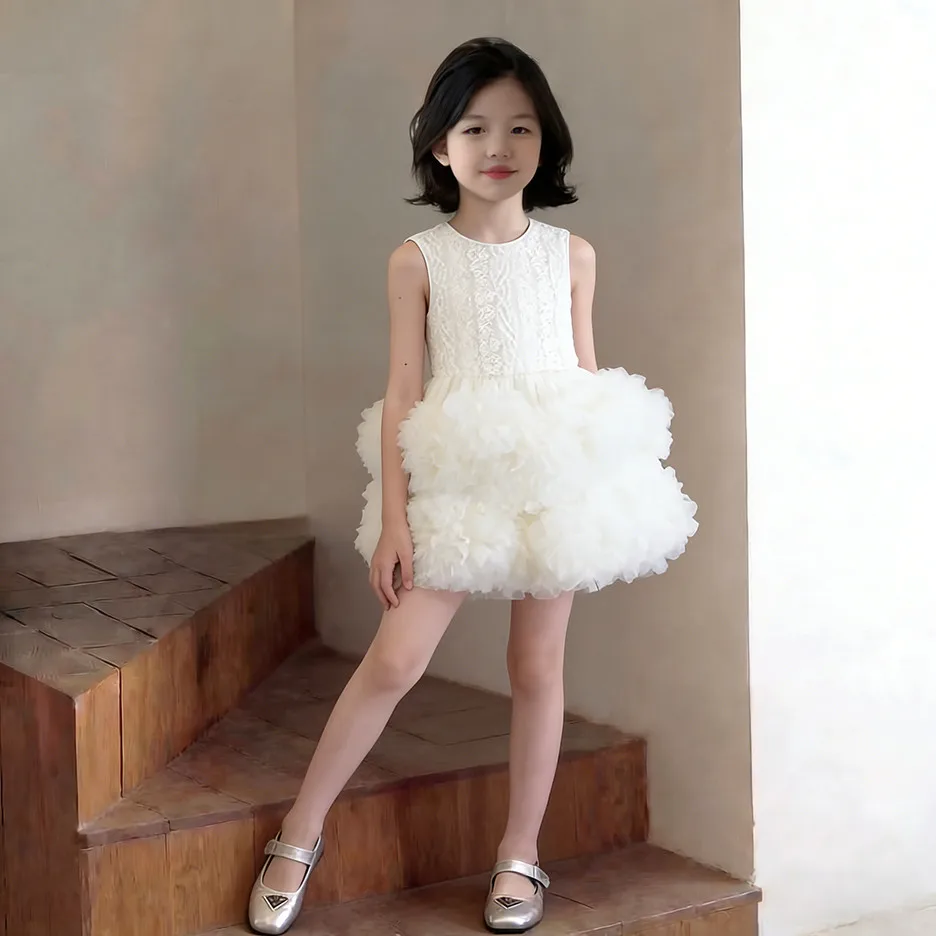 Girls Summer Dress Sweet White A-Line Gown Elegant Bubble Hem Dress Children Boutique Casual Party Outfit