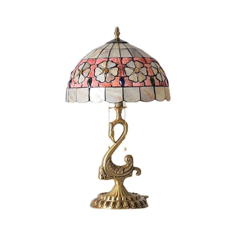 TEMOU  Modern Brass Table Lamp LED European Tiffany Shell Decor Retro Copper Desk Lights for Home Living Room Bedroom