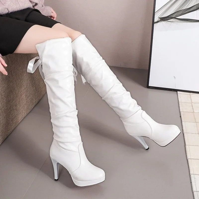 Shoes for Woman Thigh High Women's Boots Elastic with Laces Footwear Lace-up Above Over The Knee Leather Very Heel Hot Quality