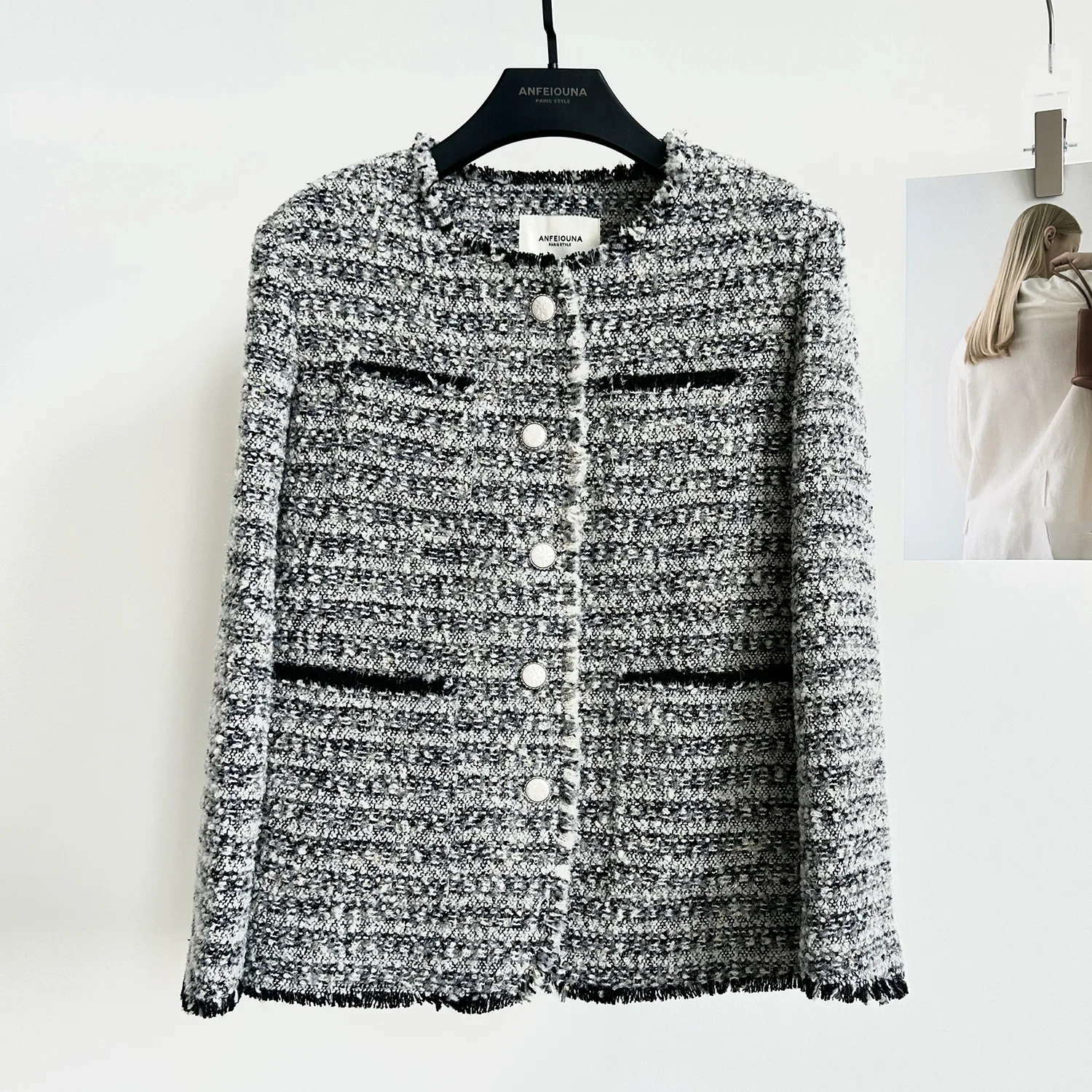 

High Quality Wolen Coat 2024 Autumn New Gray Small Fragrant Tweed Fringed Beard Lace Loose Tweed Jackets Women's Coat