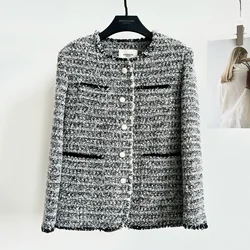 High Quality Wolen Coat 2024 Autumn New Gray Small Fragrant Tweed Fringed Beard Lace Loose Tweed Jackets Women's Coat