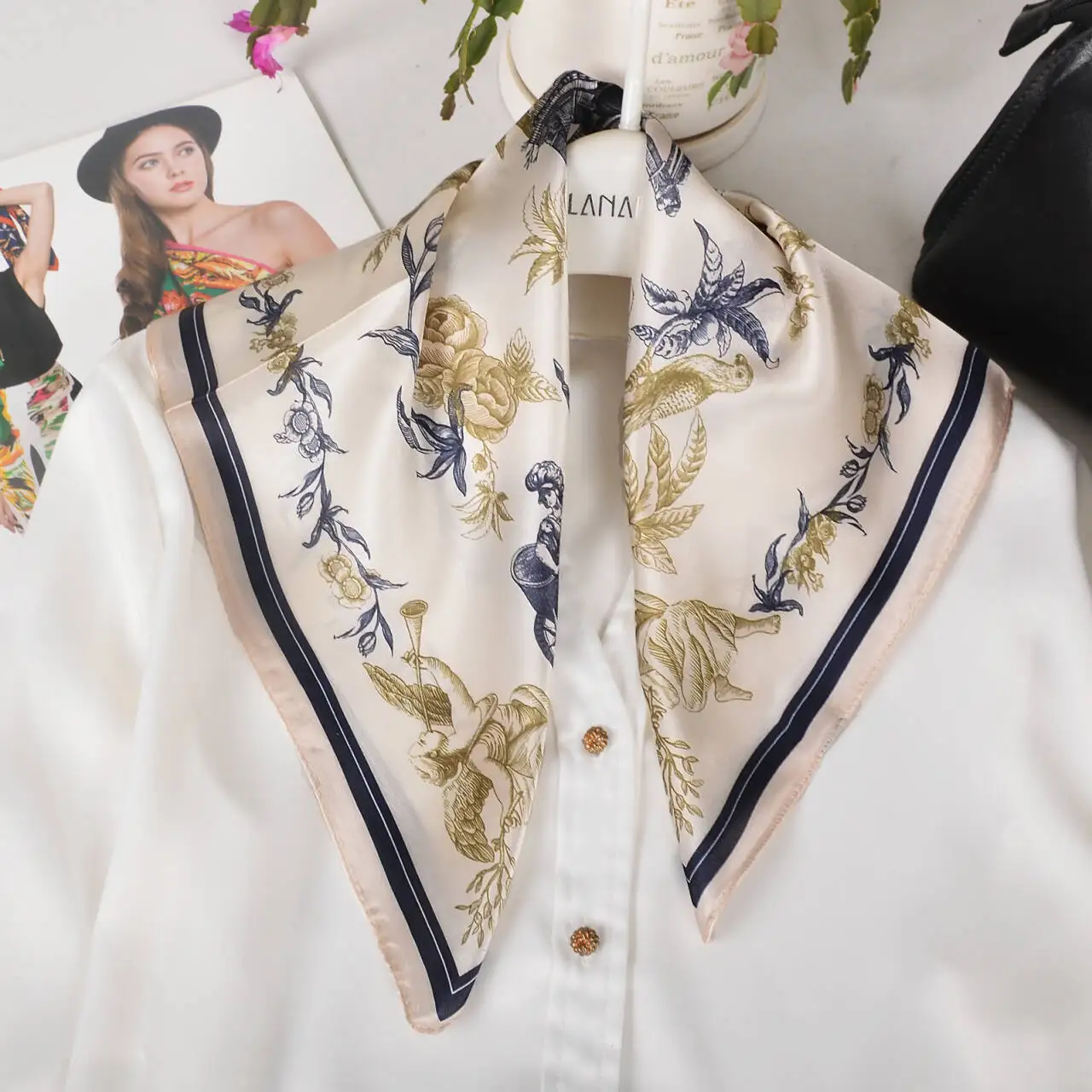 

BYSIFA| Beige Blue Women Silk Scarf for Hair Luxury Floral 100% Mulberry Silk Scarf Headband Fashion Accessory Purse Silk Scarf