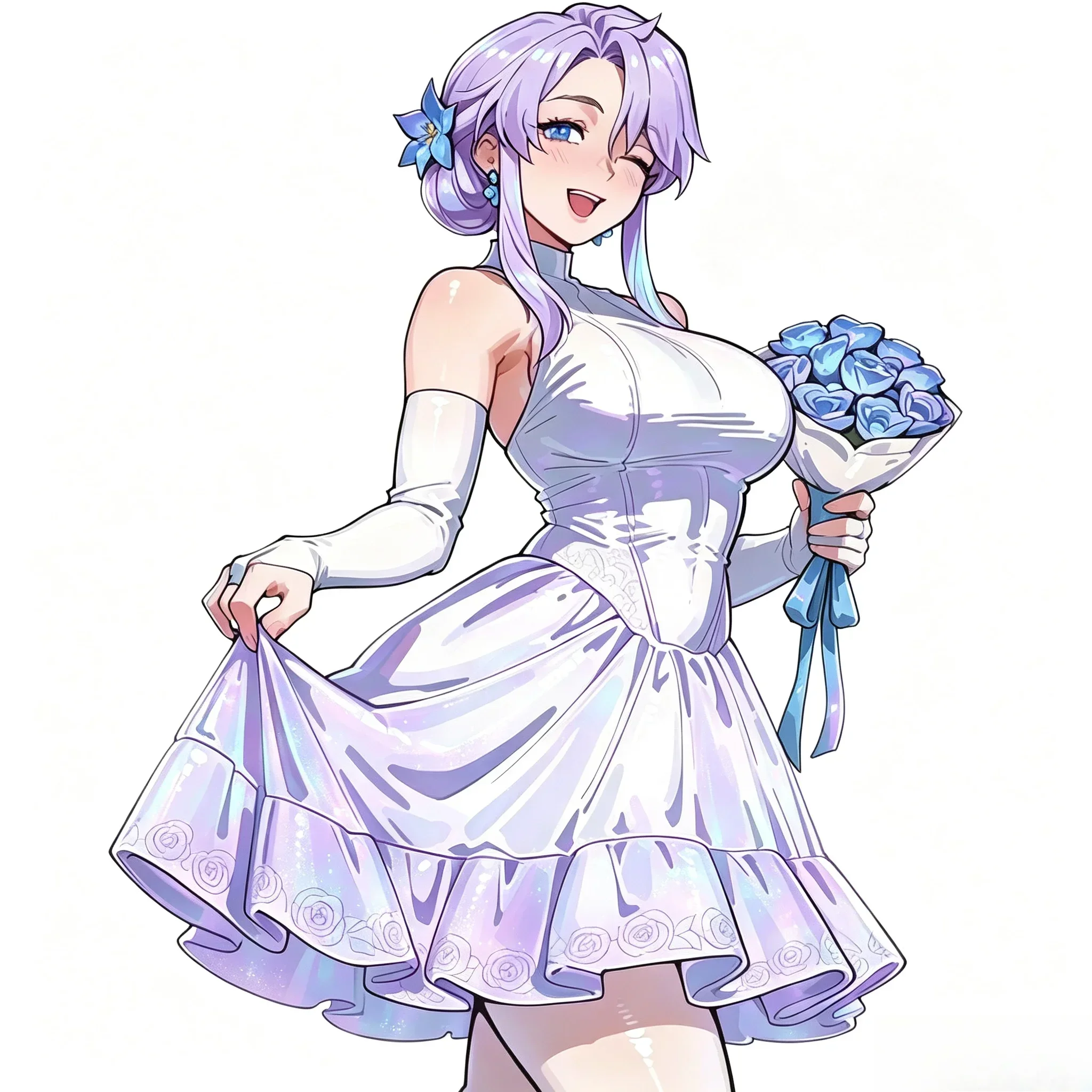 2D Flat 1Pc Purple Hair Anime Girl Bouquet Wedding Dress Vinyl Sticker, Waterproof Decal for Car Laptop Decor, Holiday Gift