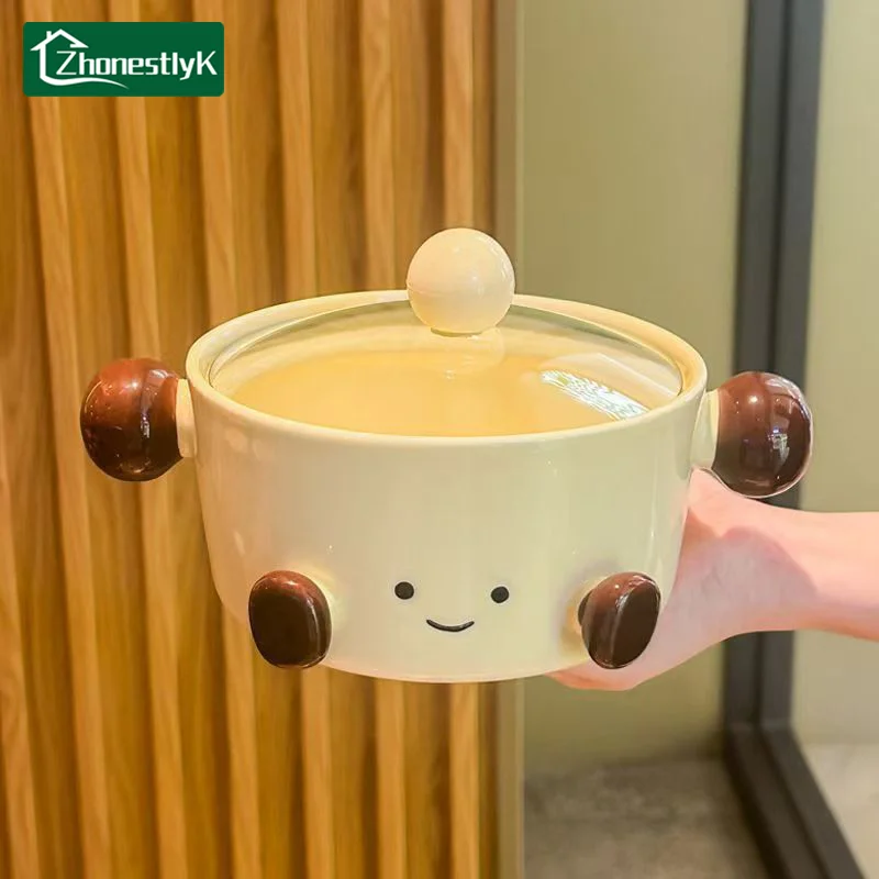 Korean Style Ceramic Instant Noodle Bowl with Lid Cute Round Ball Chubby Footed Anti-Scald Soup Bowl Kitchen Tableware