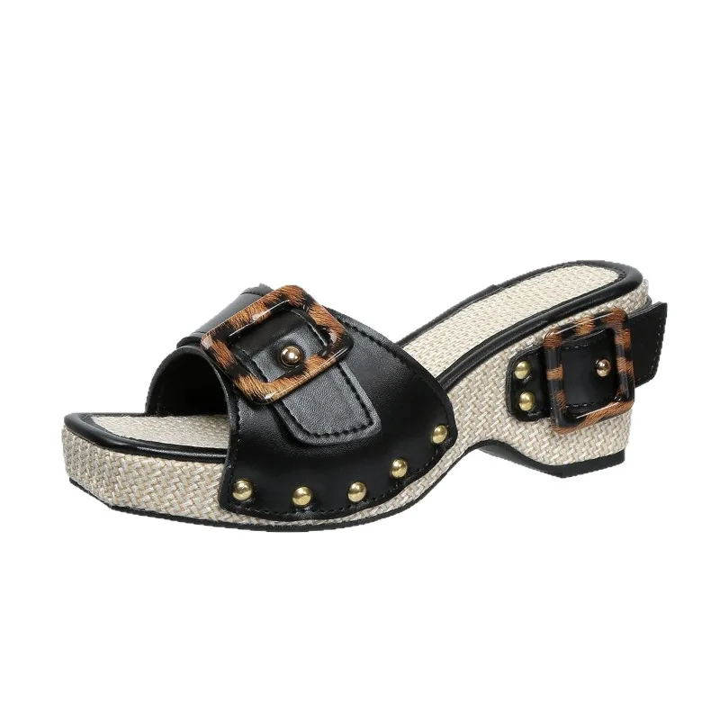 

2025 Summer New Women Sandals Fashion Wedges Heel Platform High Heel Slippers Rivet Metal Buckle Decor Casual Rome Sandals 8CM