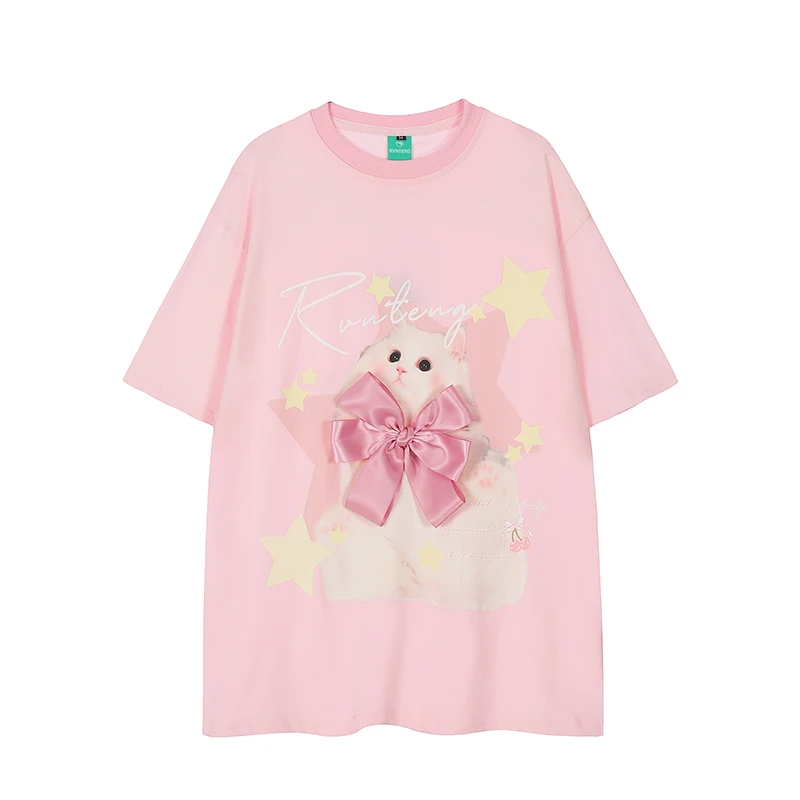 

Pink Sweet Girl Cartoon Printed Bow Short-Sleeved T-shirt Women Summer Kawaii Cute Goth Oversized T Shirt Casual Slim Y2k Top