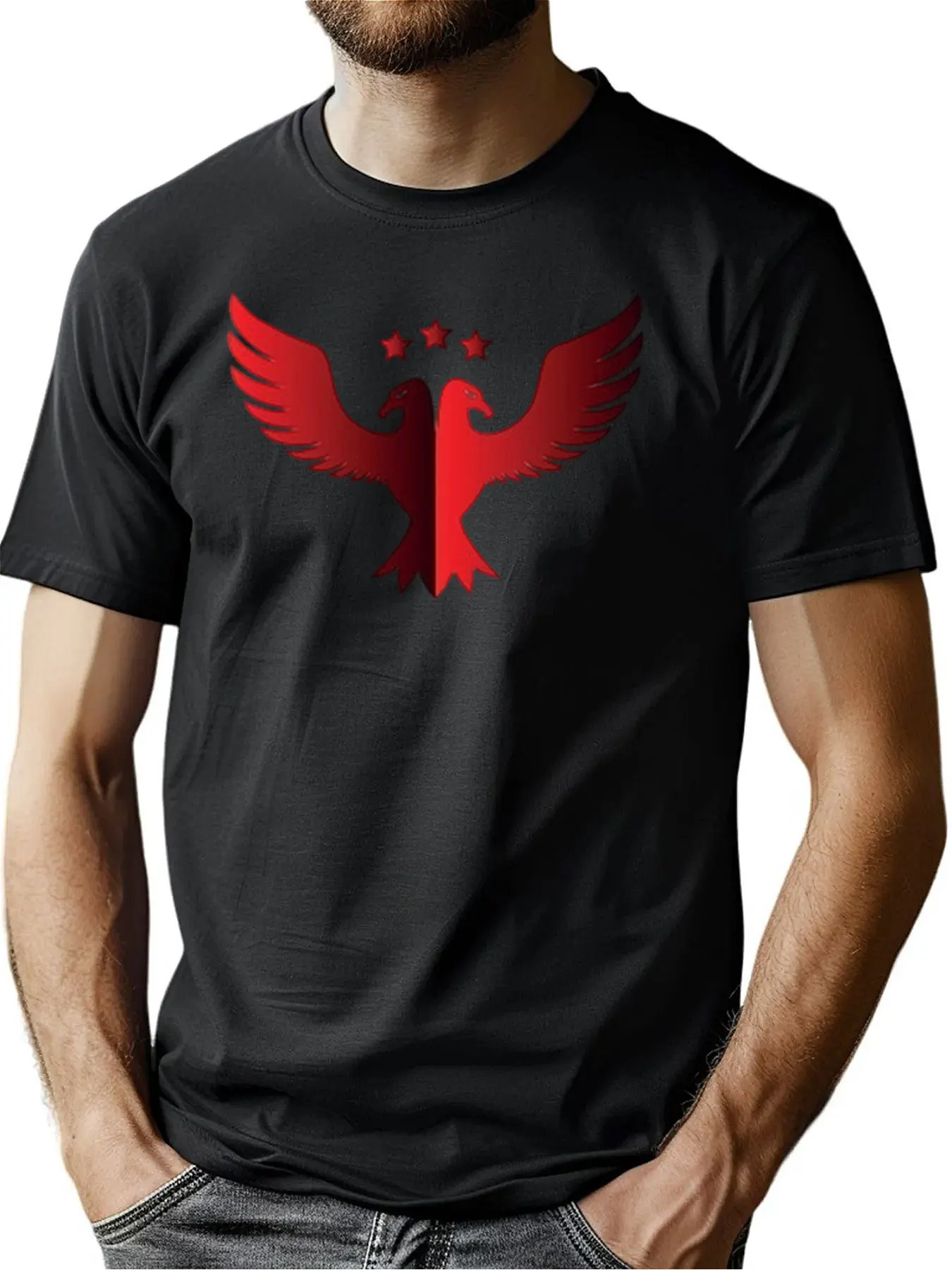 

Men's Premium Cotton Crew Neck Tee With Red Eagle & Stars Print, Breathable Casual Shirt For Sports And Outdoor Wear, Soft Than