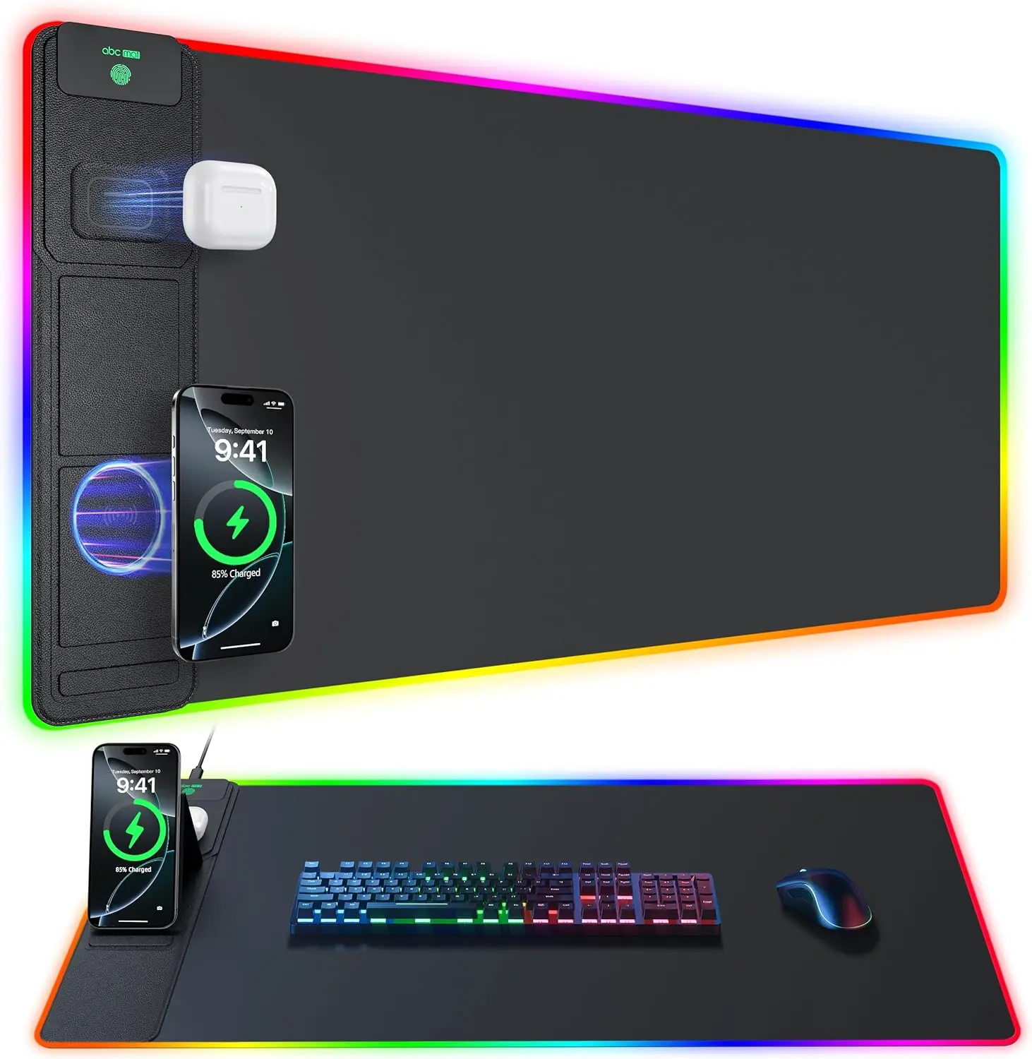 

4-in-1 RGB Gaming Mouse Pad with Wireless Charging & Phone Stand, Large Size, 24 Light Effects, Non-Slip Waterproof Surface