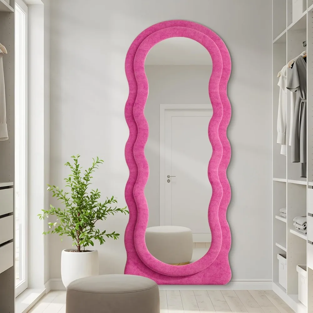 Specchio da pavimento a parete ondulato ad arco per tutto il corpo con supporto, 63x24 pollici, cornice rosa caldo, parete sospesa appesa, specchio a figura intera
