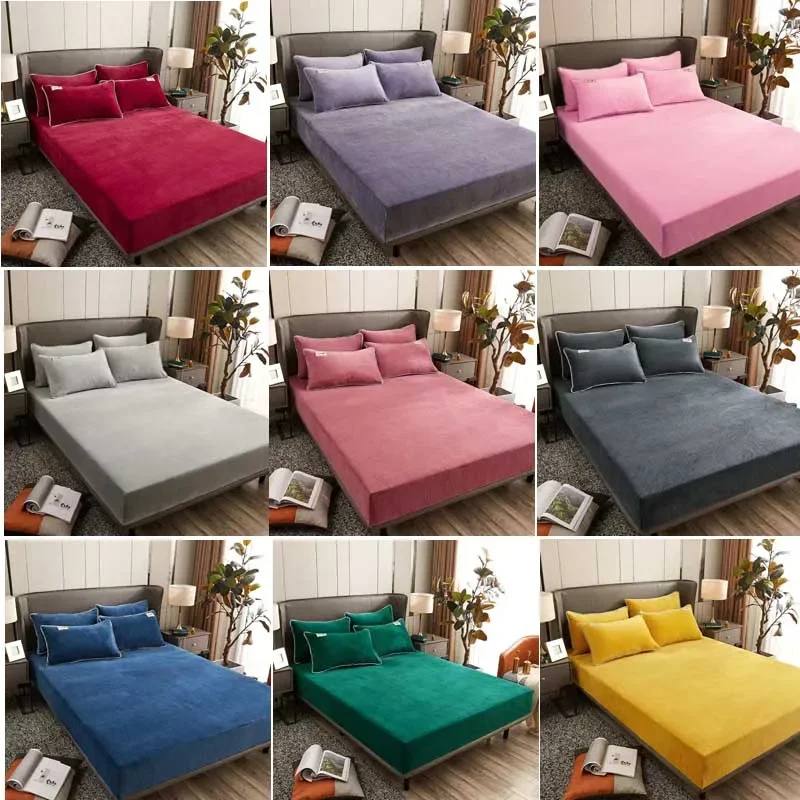 Winter warm solid flannel elastic band fitted sheet mattress protector cover super soft king size double bed bed sheet