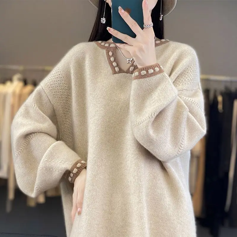 

2026 Autumn Winter Korean Loose Lazy Style Base Shirt Color-Block Collar Knitted Sweater For Women Fashionable Outerwear
