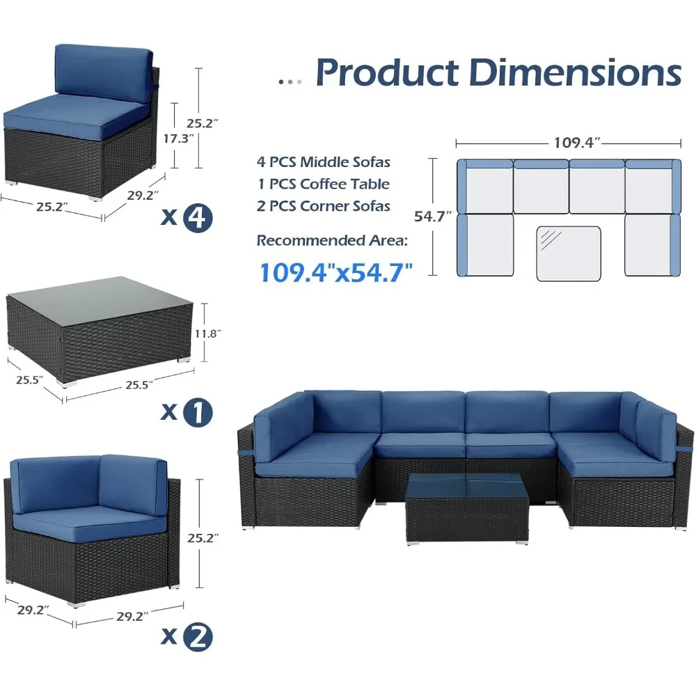 7 Piece Outdoor Patio Furniture Set, PE Rattan Wicker Sofa, Sectional Furniture Chair Set, Navy Cushions, Tea Table