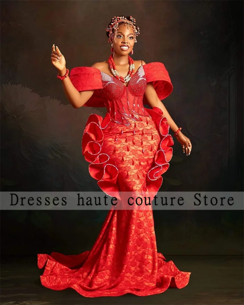 

Aso Ebi Red Lace Beaded Evening Dresses 2025 Ruffles Birthday Dress Tassel Off The Shoulder Special Occasion Gown Customized