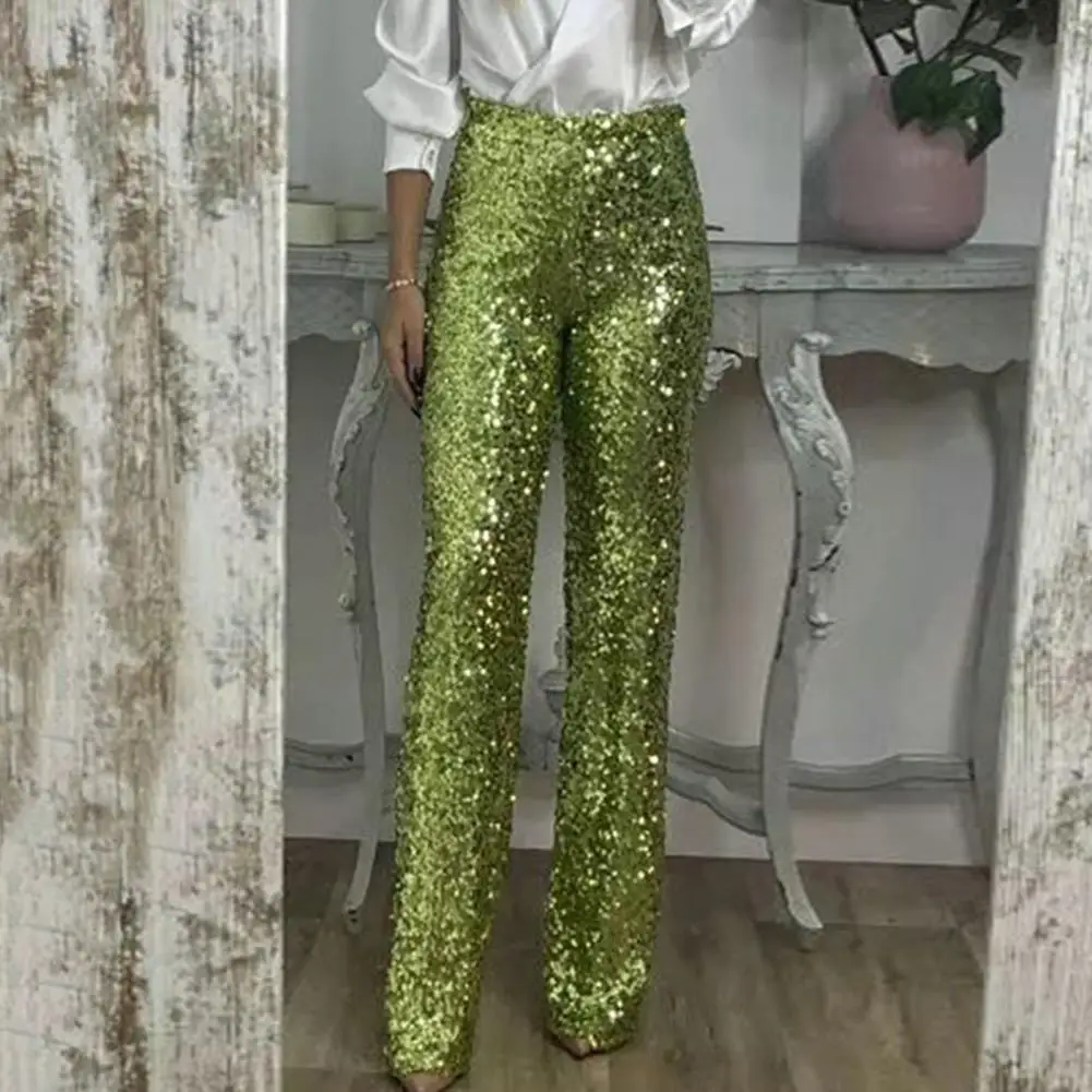 

Women Sequins Flared Pants High Waist Slim Fit Shining Trousers Solid Color Elastic Long Pans Streetwear Sparkling Party Trouser