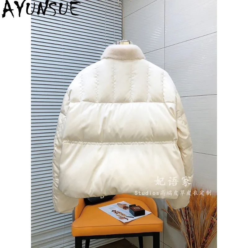 AYUNSUE Women's White Goose Down Jackets Fashion Commuter Mink Fur Collar Outerwears Short Warm Winter Coats Woman Clothes