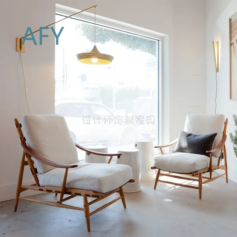 Rustic Wooden Armchair for American Country Style Living Room Lounge Chair for Airbnb Villa Office Decorative Fabric Accent