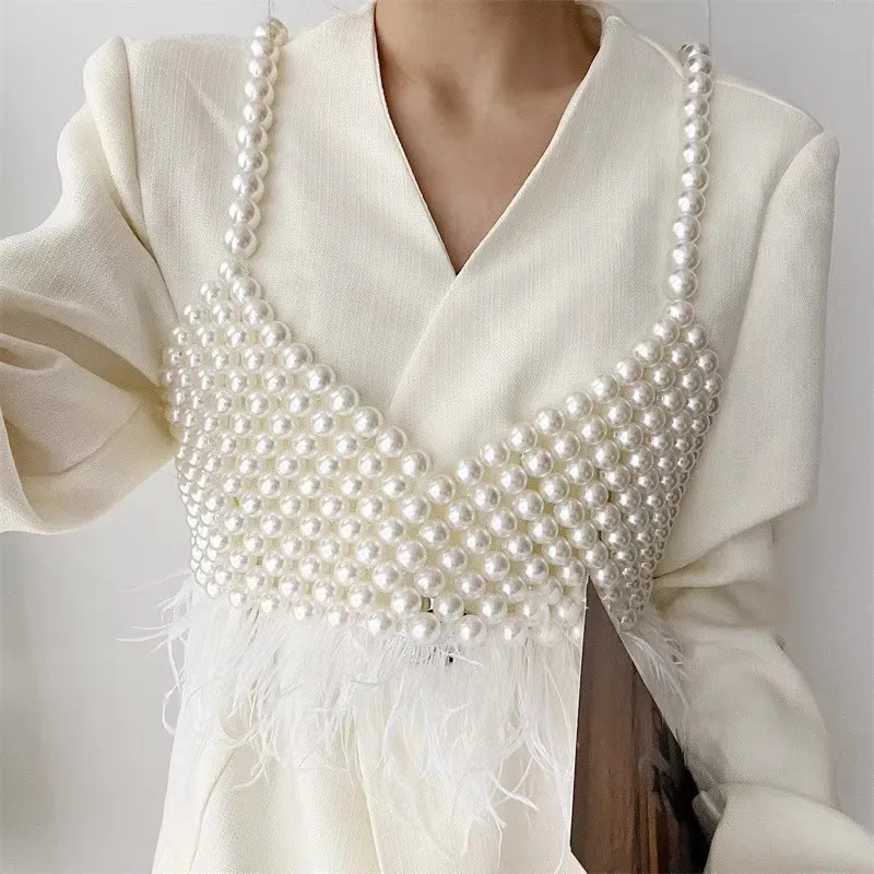 Women's Fashion Pearl Knitted Feather Patchwork Vest Corset Female Cummerbund Coat Waistband Dress Decration Wide Belt  J307