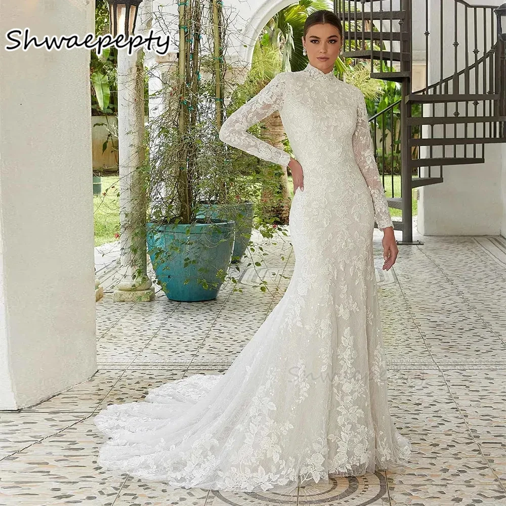 

High Neck Lace Mermaid Wedding Dresses Long Sleeves Modest Bridal Gowns Customized Ivory Robe de mariée