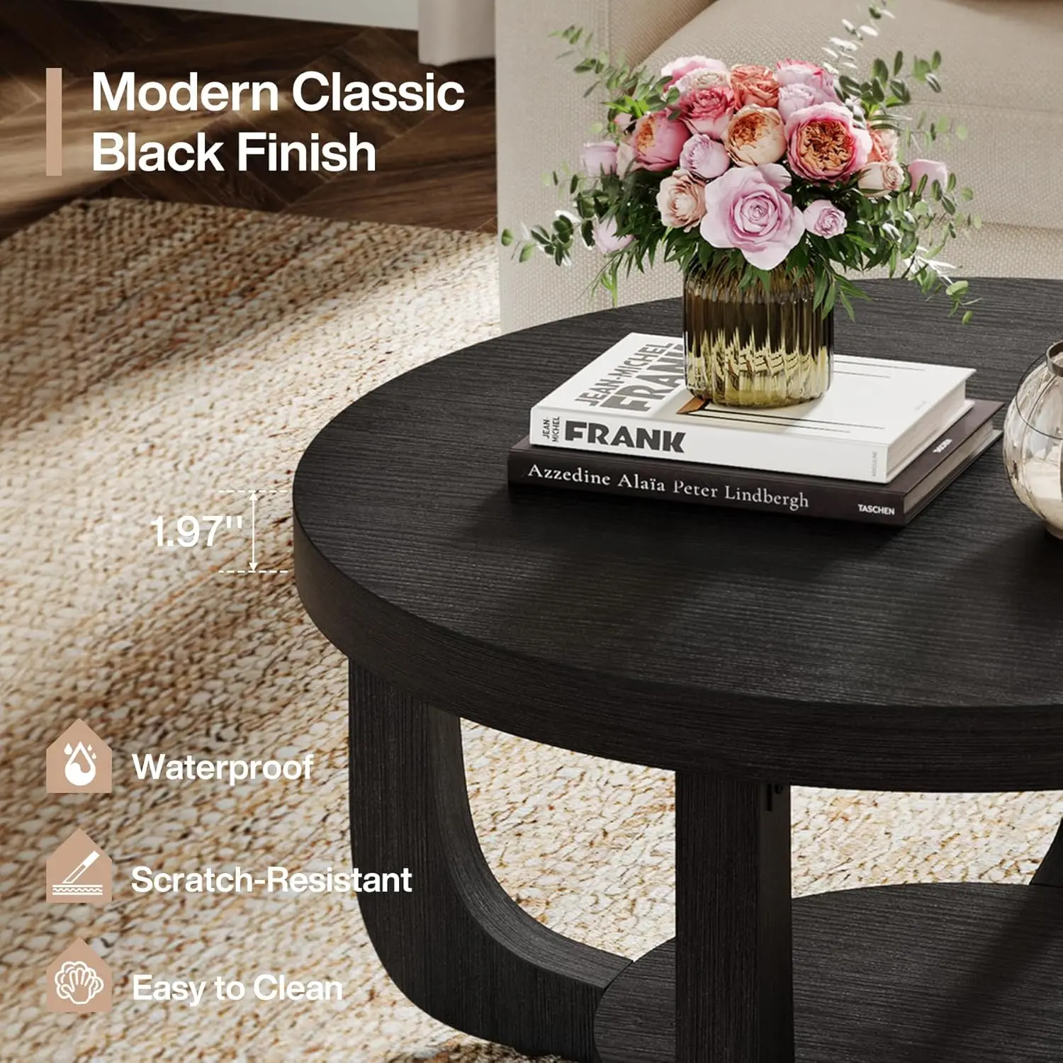 Mesa de Café Redonda, Mesa de Café Circular de 2 Níveis com Armazenamento, Mesa de Centro Moderna de Madeira para Sala de Estar, Personalizada