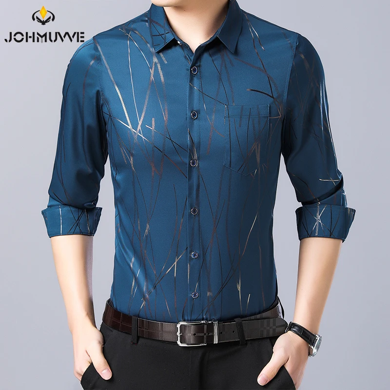 New Men's Casual Printed Long Sleeved Lapel Shirt for Spring and Autumn Fashion Comfortable Wrinkle Free Top Without Ironing