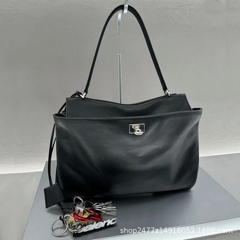 Bolso de hombro de piel auténtica para mujer, bolsa de mano versátil con hebilla de bloqueo, ideal para ir de compras, novedad de 2024