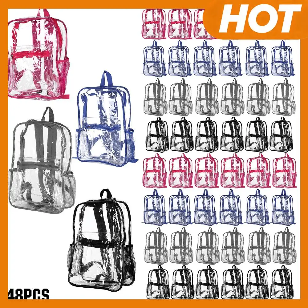 

48/72 Pack PVC Transparent Bookbags with Pockets 15 Inch Clear Bookbag for College Travel Sport Work Stadium Approved