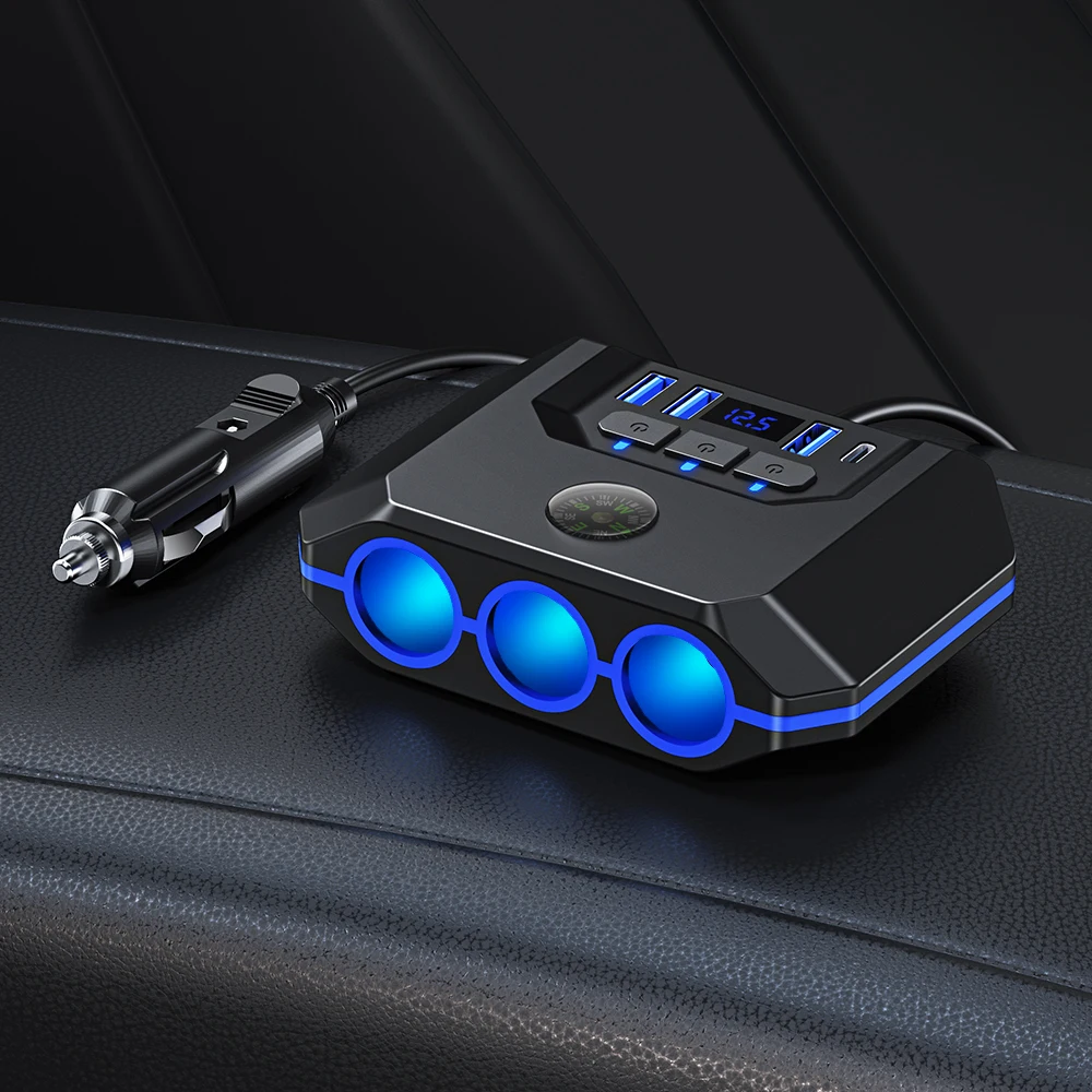 7-in-1 Zigarettenanzünder-Verteiler 120W 3-Port Auto-Ladegerät Adapter USB PD Stromanschluss mit EIN/AUS-Schaltern – Detail 3