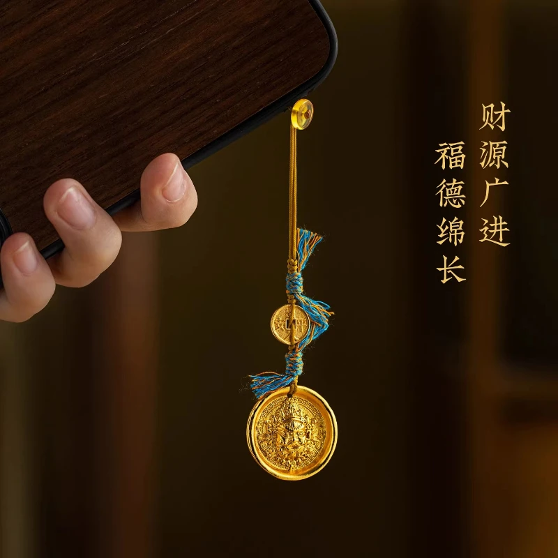 Original Tibetan Phone Lanyard Yellow God of Wealth Fortune Brass Lucky USB Charm Money Attracting Coin Phone Case Accessory