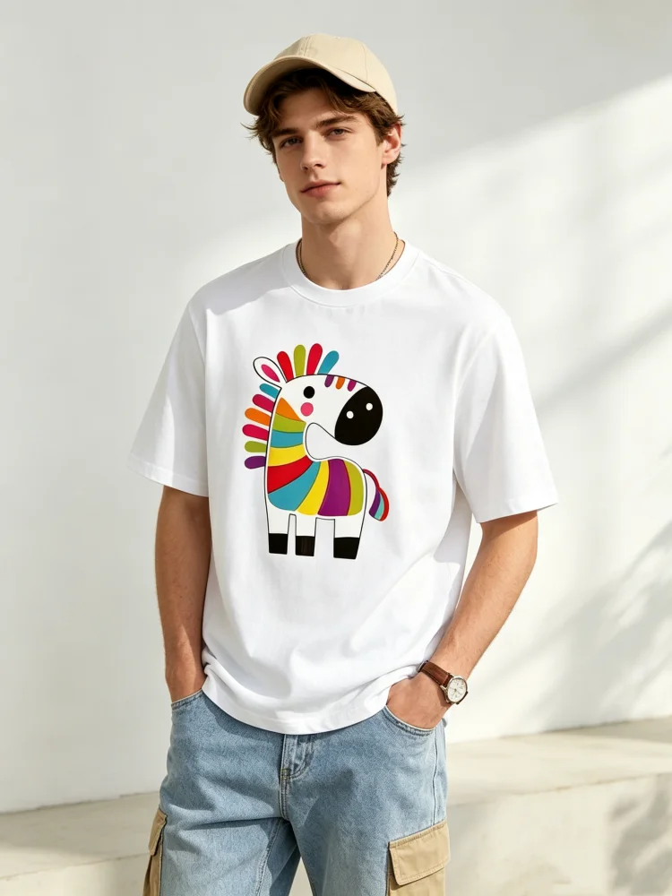 ZAZOMDE  Vintage Streetwear Men Oversized T-Shirt  Rainbow Zebra Cartoon Print Cotton Short Sleeve Tops Casual Daily Outfit Tees