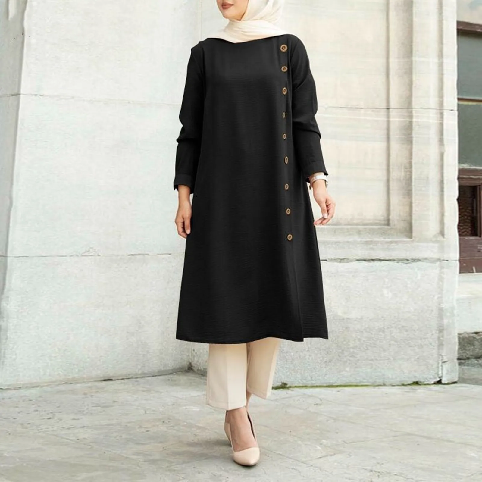 Ramadan Abaya 2024 Dubai Abaya Women\'s Solid Colour Button Loose Casual Round Neck Long Dress Robe Dress Muslim Islamic Dresses