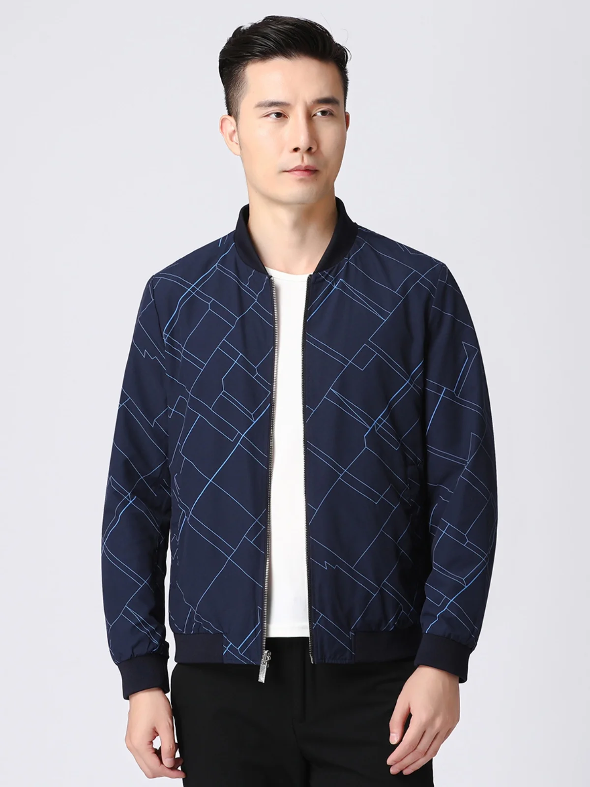 

Двусторонняя одежда, бейсбольный воротник с принтом на молнии, повседневная куртка для мужчин, Romeo, осенняя новая модная куртка-стойка из полиэстера