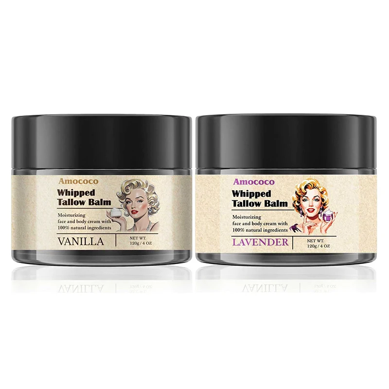 Amococo 1/2pcs Whipped Tallow Balm 120g 4oz Beef Tallow Moisturizer Cream Lavender Vanilla Scent Face Body Care Grass Fed Tallow with Olive Oil Essential Oil Nourishing Skin Moisturizing Balm