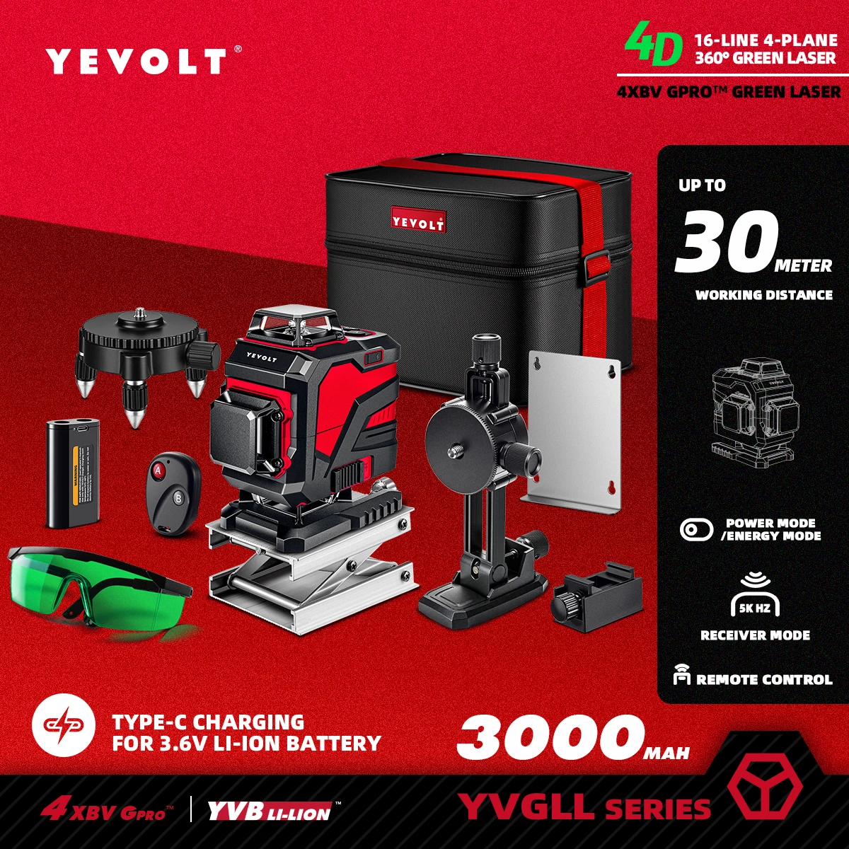 

YEVOLT YVGLL4XS16 16-Line Laser Level Generator Ceiling+Wall+Floor Sync Tile Alignment System High Precision 30m Woring Range