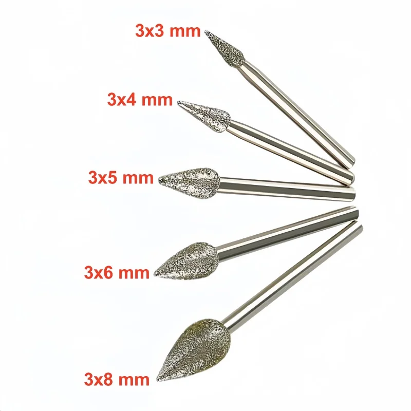 

5PCS 3mm Shank Diamond Grinding Drill Bits with 3/4/5/6/8mm Grinding Head Rotary Dremel Marble Granite Stone Electric Grinding