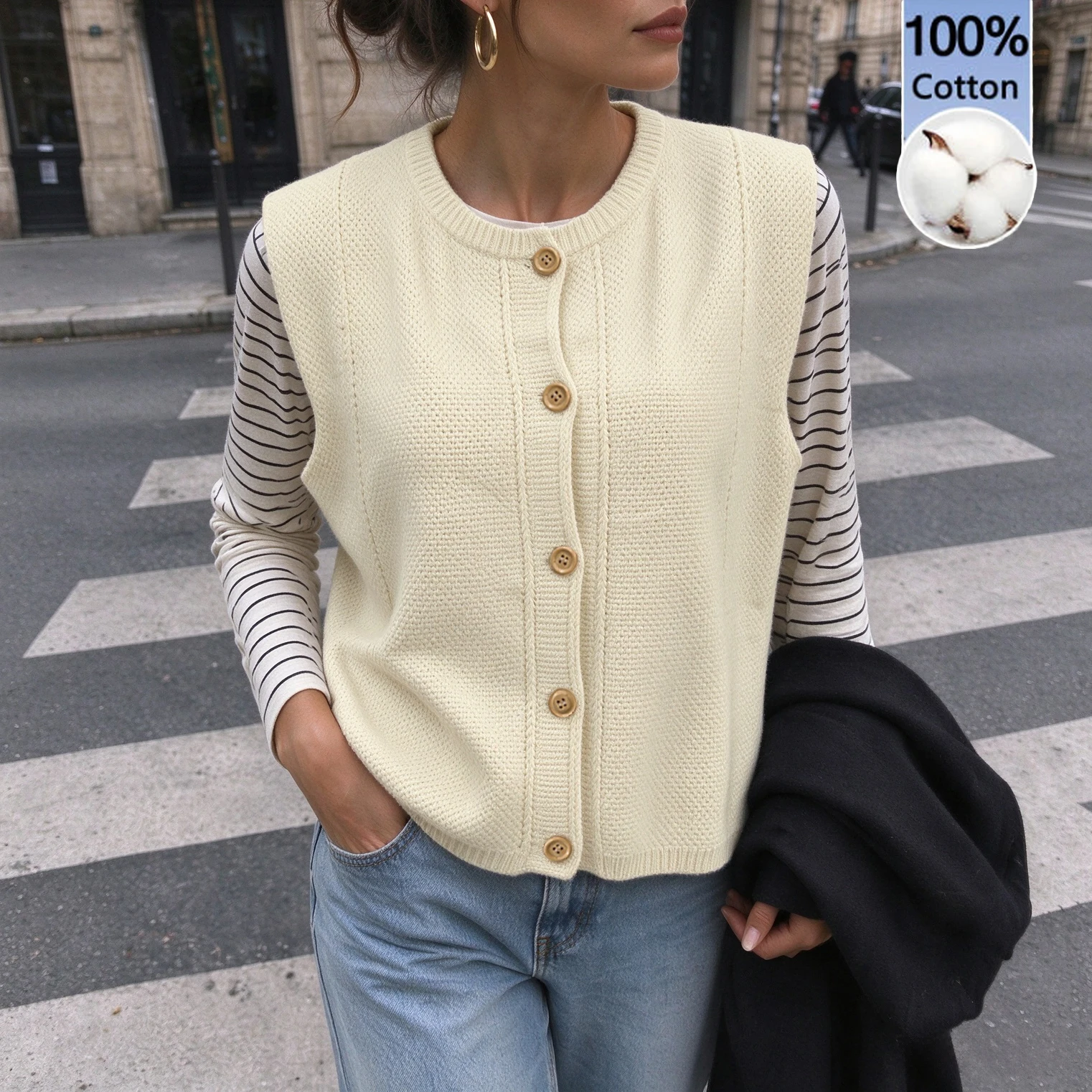 Women's Cotton Oversized Knit Vest Beige Button Front Sleeveless Sweater Summer Standalone & Fall/Winter Layering Tank To