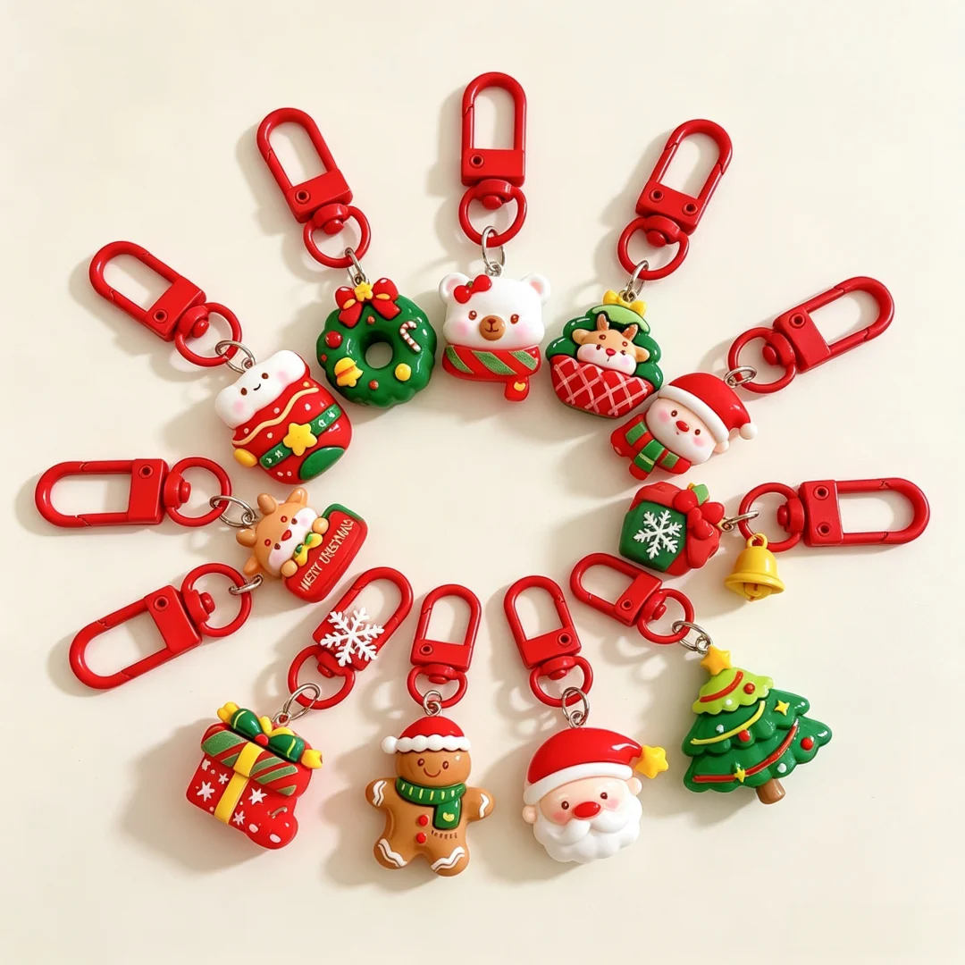 5-50Pcs Cute Christmas Cartoon Keychain Santa Claus Gingerbread Man Pendant Key Ring Backpack Bag Charm Holiday Gift