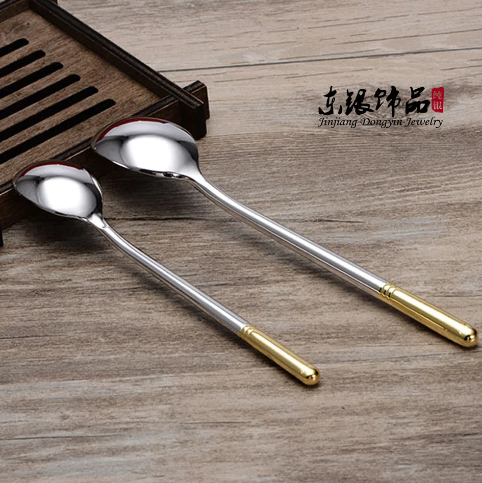 999 Foot Sterling Silver Spoon Baby Parent-Child Spoon Long Handle Coffee Spoon Tableware Classic Style Free Shipping