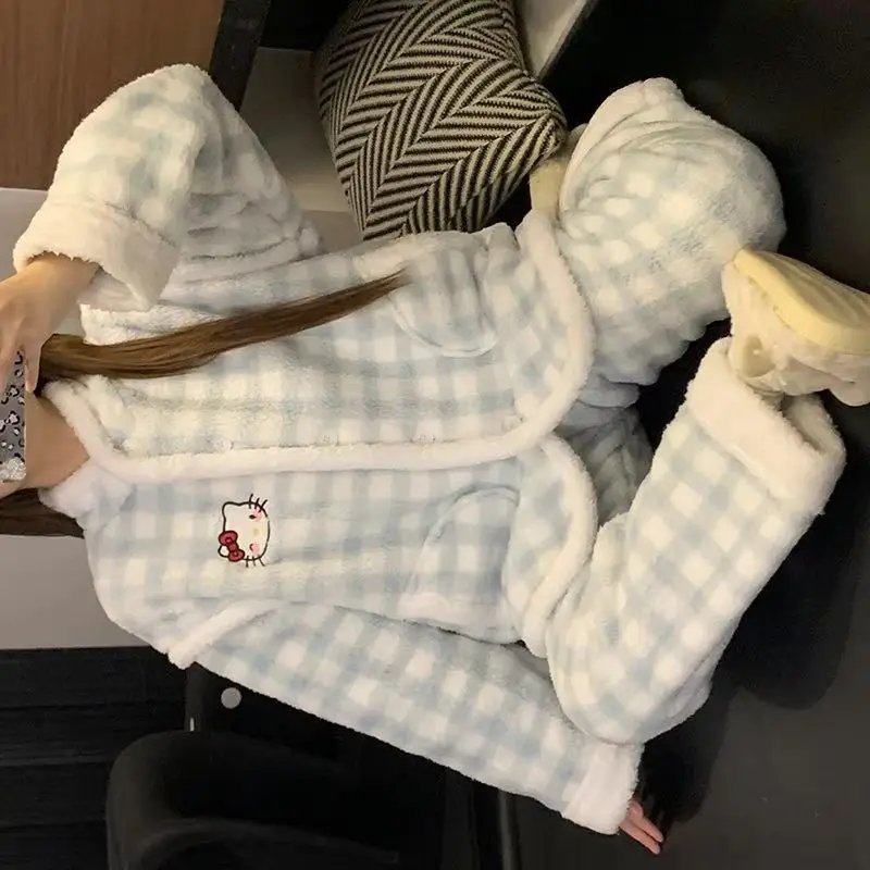 

Пижамы Hello Kitty для девочек, весна-осень-зима, коралловый бархат, утепленный бархатный комплект из двух предметов, милый кардиган, верхняя одежда, домашняя одежда